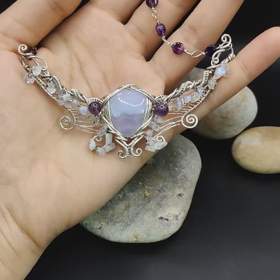 Malati - Blue lace Agate + Rainbow Moonstone + Amethyst Necklace By Sanguine Aura Handcrafted Jewellery