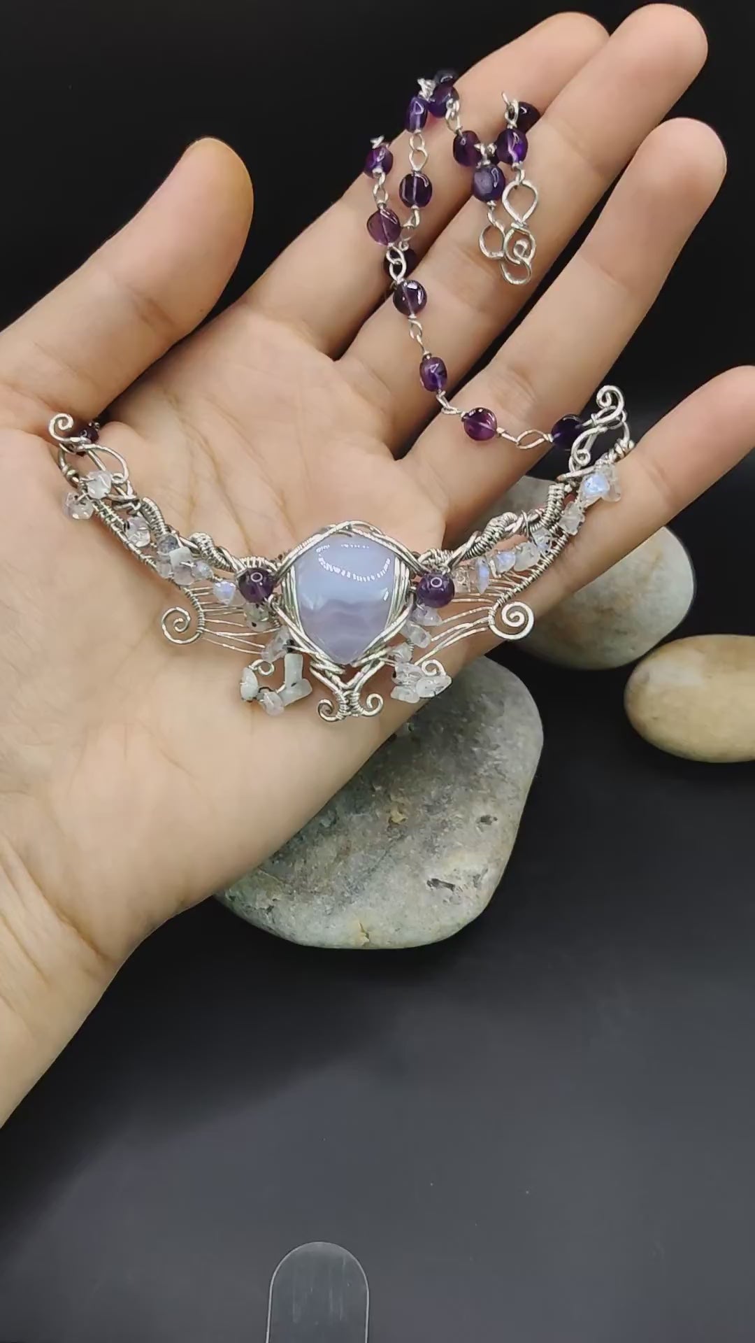 Malati - Blue lace Agate + Rainbow Moonstone + Amethyst Necklace By Sanguine Aura Handcrafted Jewellery