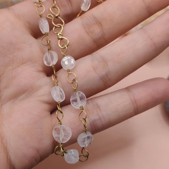 Kiran - Rose Quartz Chain In Brass By sanguine Aura Handcrafted Jewellery