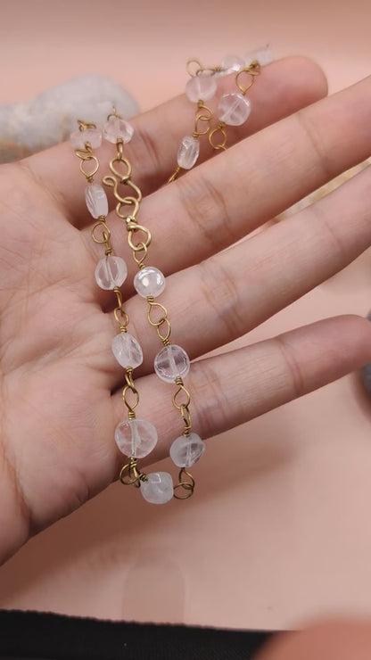 Kiran - Rose Quartz Chain In Brass By sanguine Aura Handcrafted Jewellery