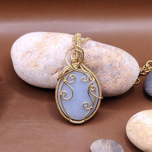 prisha angelite brass necklace made with natural untreated angelite and high grade brass by sanguine aura handcrafted jewellery, Pune, India 