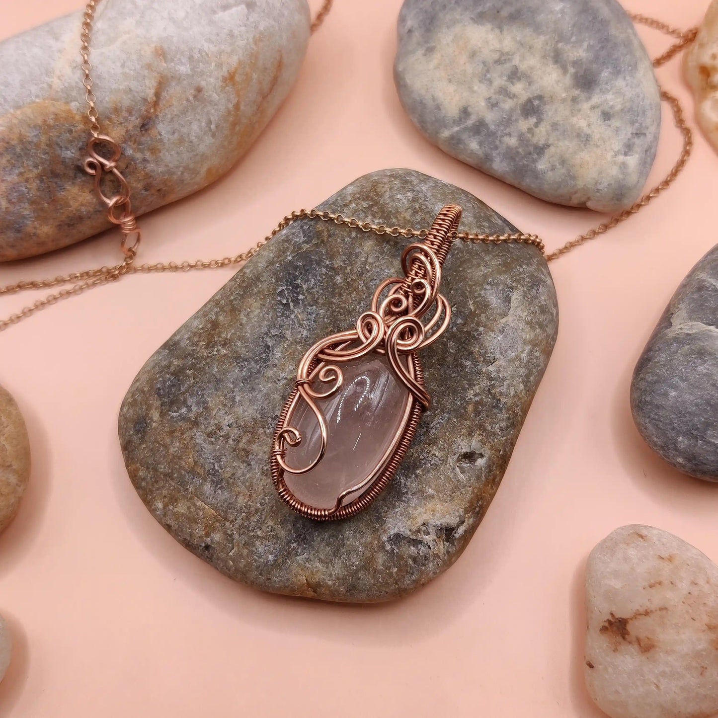 runi 007 rose quartz copper necklace right side view, made by sanguine aura handmade crystal jewellery